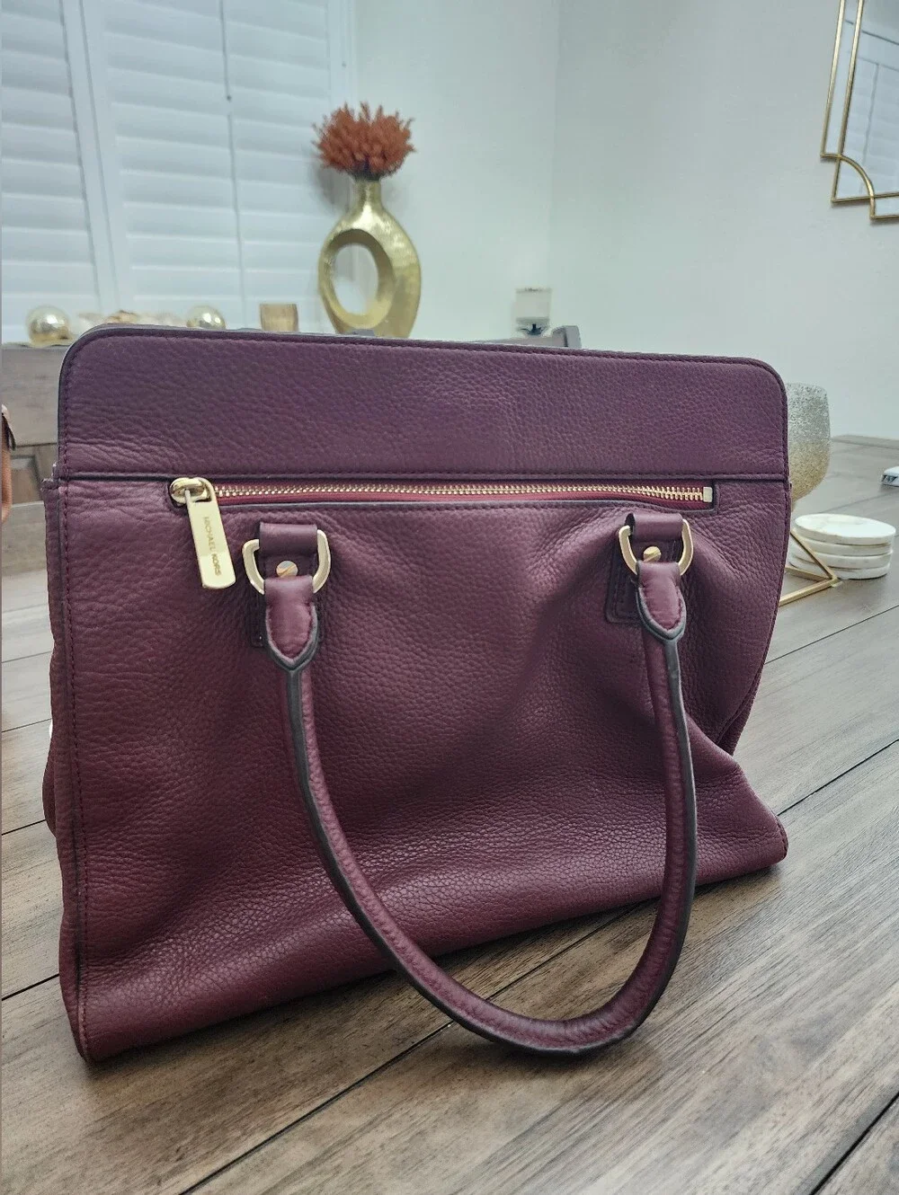 Michael Kors Burgundy Pebbled Leather Tote with Gold Hardware